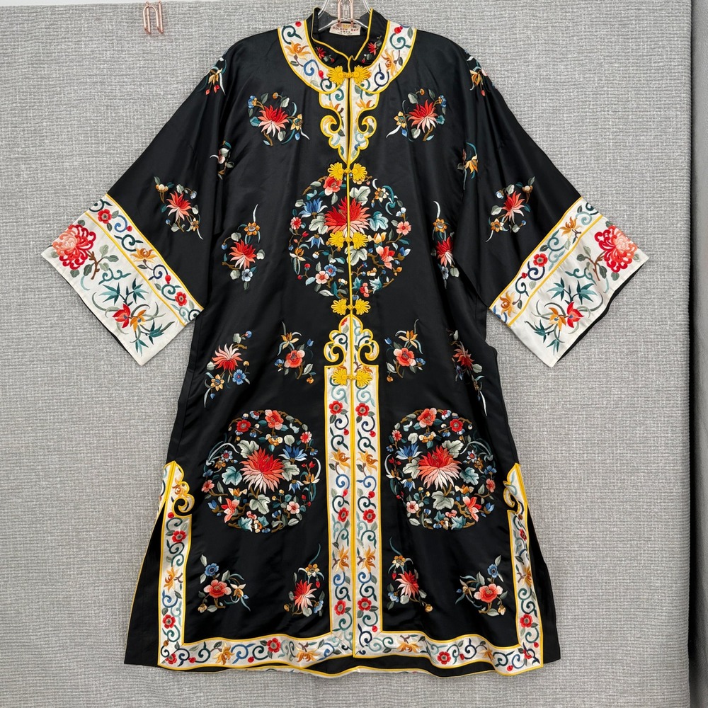 Vintage Golden Bee Kimono Robe Women Silk Satin Embroidered Floral Boho OS